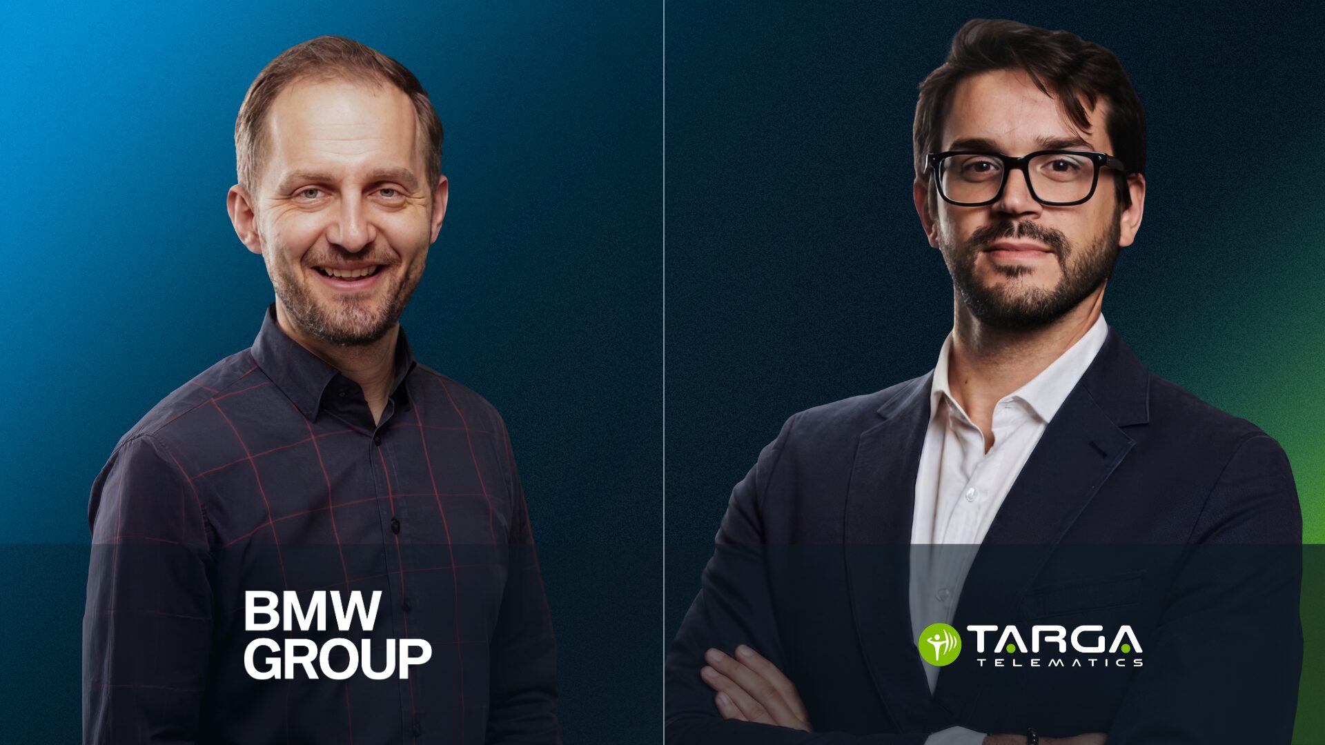 Portrait de Gregor Schley (BMW Group) et Dario Peroni (Targa Telematics) pour une interview sur la valeur des données de flotte connectée.