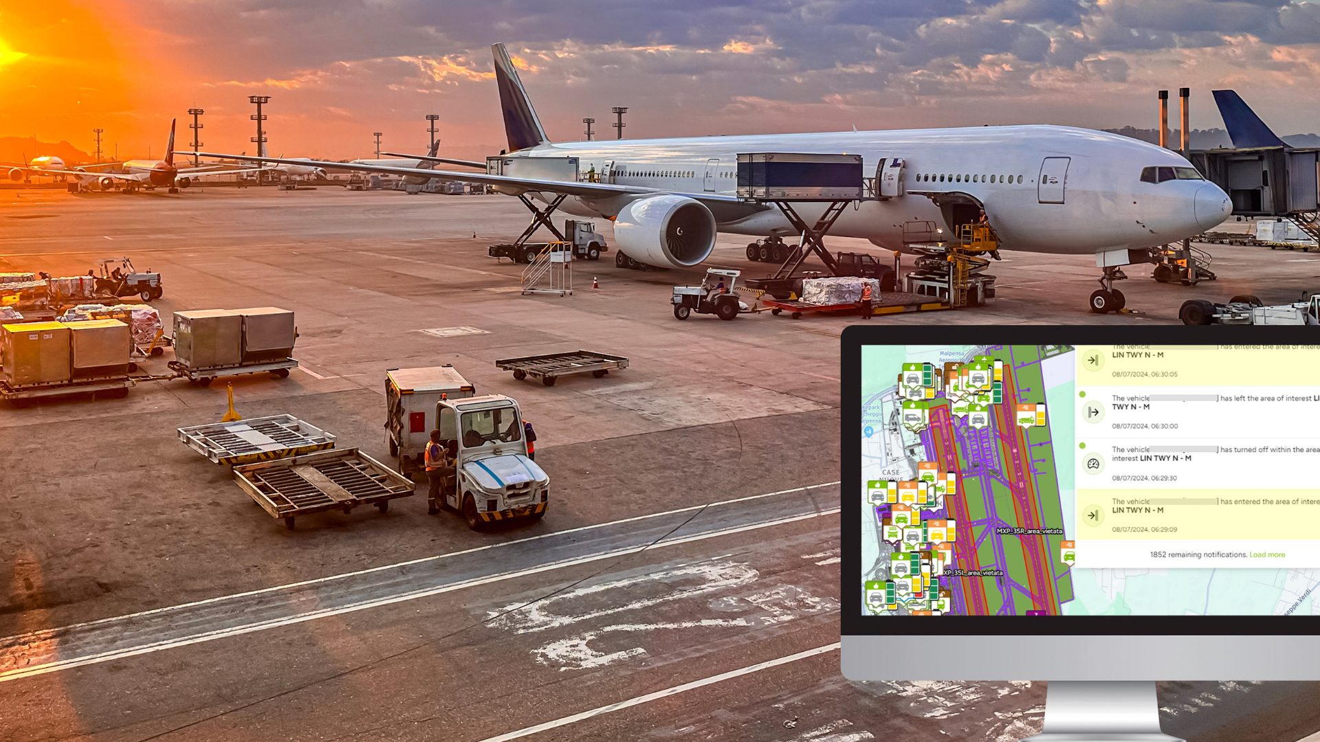 Airport ground support vehicles and aircraft monitored through a telematics platform to improve operational visibility and service continuity.